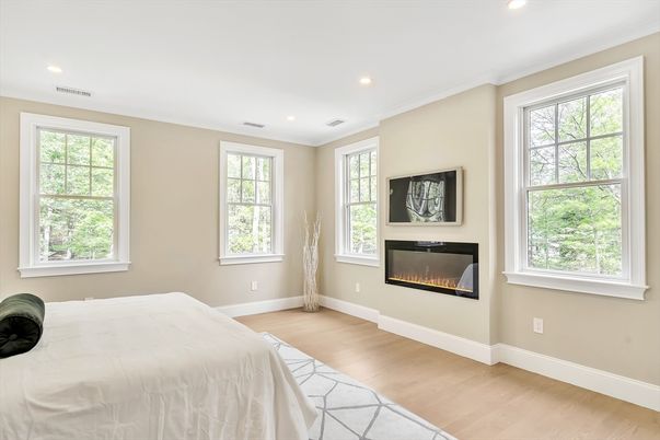 Bedroom, Fireplace, Interior, Recessed Lighting, Wood Texture Flooring