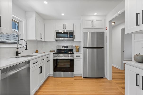 Interior, Kitchen, Recessed Lighting, Stainless Steel Appliances, Wood Texture Flooring