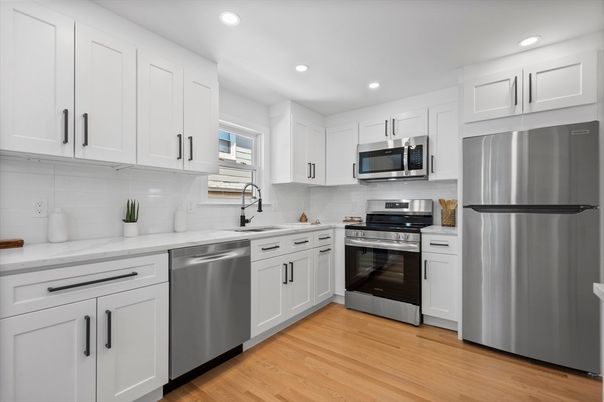 Interior, Kitchen, Recessed Lighting, Stainless Steel Appliances, Wood Texture Flooring
