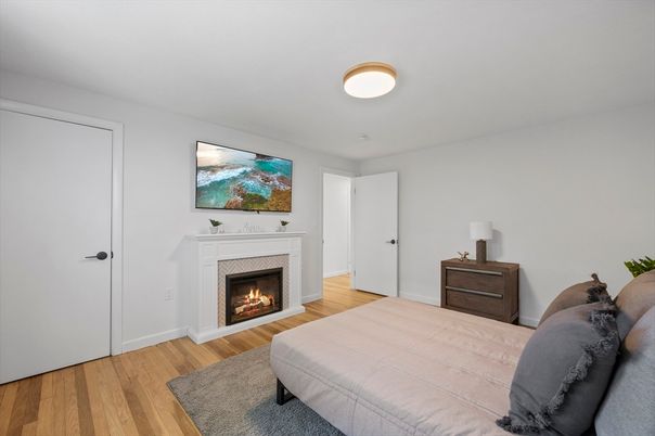 Bedroom, Fireplace, Interior, Wood Texture Flooring