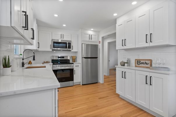 Interior, Kitchen, Recessed Lighting, Stainless Steel Appliances, Wood Texture Flooring