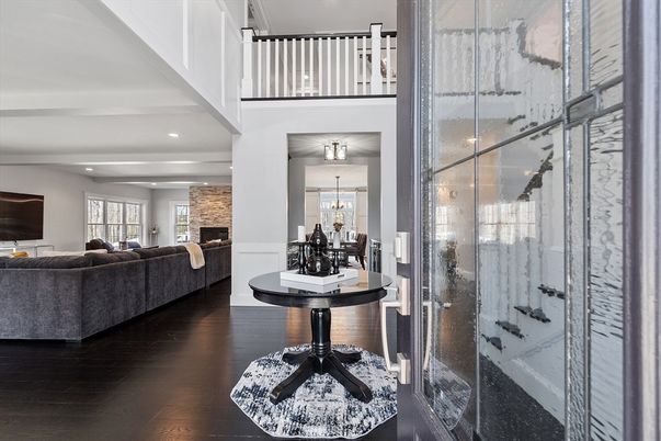 Fireplace, Interior, Living room, Recessed Lighting, Stone Walls, Wood Texture Flooring