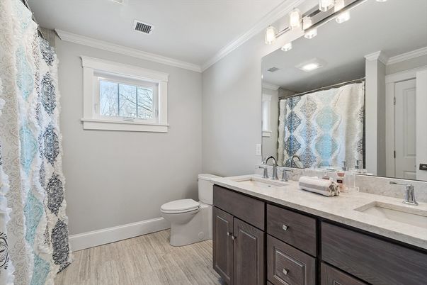 Bathroom, Dual Sink Vanities, Interior, Recessed Lighting, Wood Texture Flooring