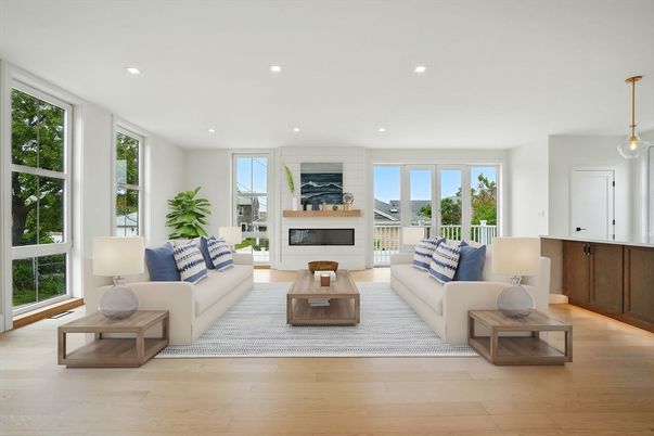 Fireplace, Interior, Living room, Pendant Lights, Recessed Lighting, Wood Texture Flooring