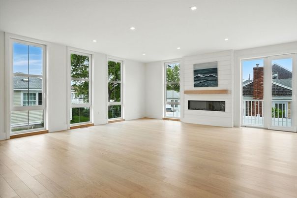 Empty room, Fireplace, Interior, Recessed Lighting, Wood Texture Flooring