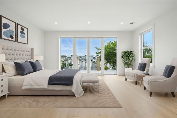 Bedroom, Interior, Recessed Lighting, Water, Wood Texture Flooring