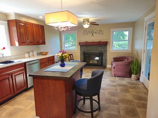 Fireplace, Interior, Kitchen, Living room, Pendant Lights, Recessed Lighting