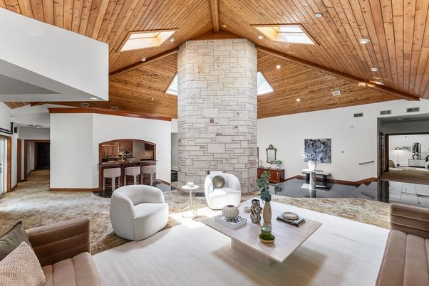 Fireplace, Interior, Living room, Recessed Lighting, Stone Walls, Wooden Beams, Wooden Ceilings