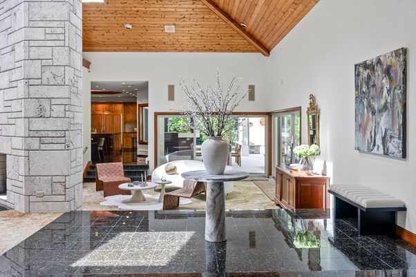 Interior, Living room, Recessed Lighting, Stone Walls, Wooden Beams, Wooden Ceilings