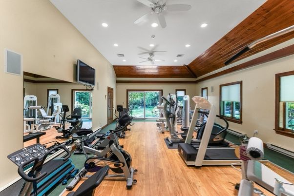 Fitness Equipment, Gym, Interior, Recessed Lighting, Wooden Ceilings, Wood Texture Flooring