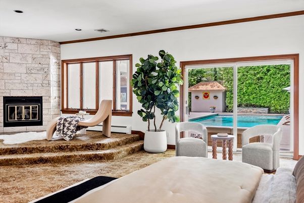 Bedroom, Fireplace, Interior, Pool, Recessed Lighting, Stone Walls