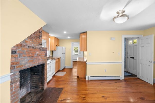 Fireplace, Interior, Kitchen, Recessed Lighting, Stone Walls, Wood Texture Flooring