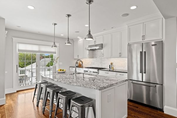 Interior, Kitchen, Pendant Lights, Recessed Lighting, Stainless Steel Appliances, Wood Texture Flooring