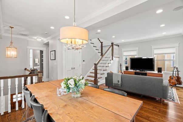 Chandelier, Dining room, Interior, Living room, Pendant Lights, Recessed Lighting, Wood Texture Flooring