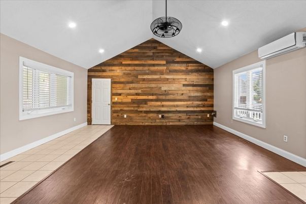 Empty room, Interior, Pendant Lights, Recessed Lighting, Wood Texture Flooring, Wooden Walls