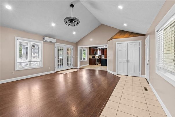 Empty room, Interior, Kitchen, Pendant Lights, Recessed Lighting, Wood Texture Flooring