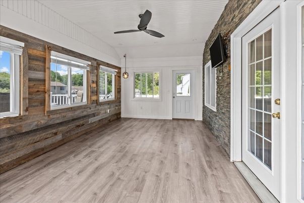 Empty room, Fireplace, Interior, Pendant Lights, Stone Walls, Wood Texture Flooring, Wooden Walls