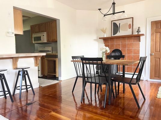 Dining room, Interior, Kitchen, Pendant Lights, Wood Texture Flooring