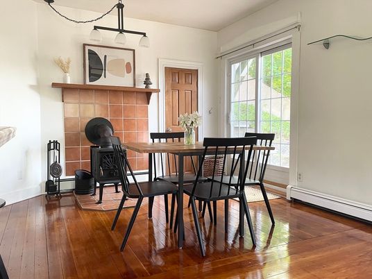 Dining room, Fireplace, Interior, Wood Texture Flooring