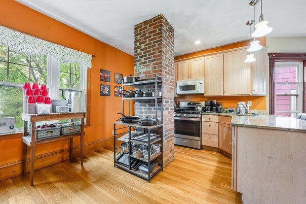 Interior, Kitchen, Pendant Lights, Recessed Lighting, Stainless Steel Appliances, Stone Walls, Wood Texture Flooring