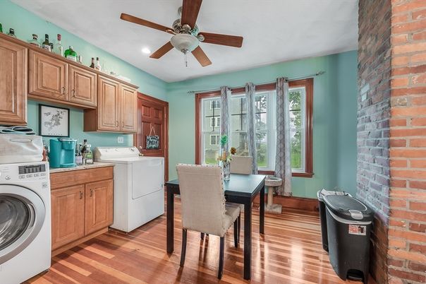 Dining room, Interior, Kitchen, Recessed Lighting, Stone Walls, Washer, Wood Texture Flooring