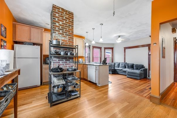 Interior, Kitchen, Pendant Lights, Stone Walls, Wood Texture Flooring