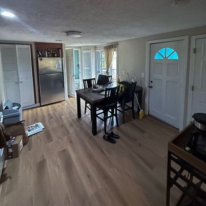 Dining room, Interior, Recessed Lighting, Wood Texture Flooring