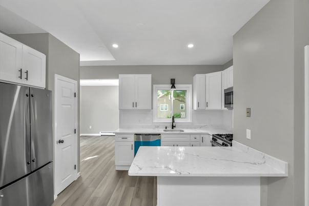 Interior, Kitchen, Recessed Lighting, Stainless Steel Appliances, Wood Texture Flooring