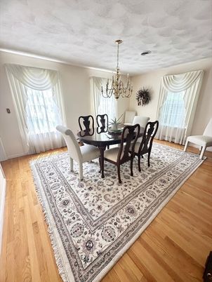 Chandelier, Dining room, Interior, Wood Texture Flooring