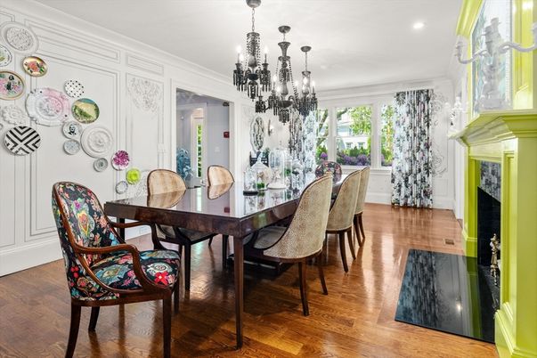 Chandelier, Dining room, Fireplace, Interior, Recessed Lighting, Wood Texture Flooring