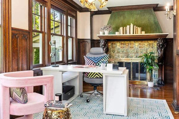 Chandelier, Fireplace, Home Office, Interior, Wood Texture Flooring