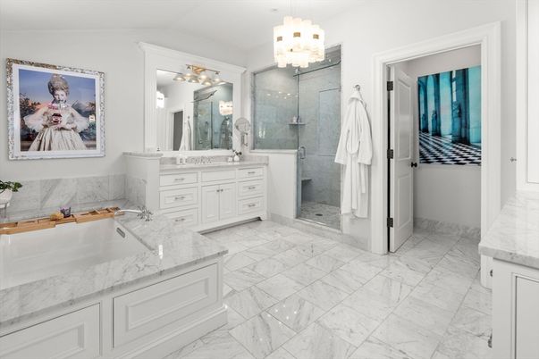 Bathroom, Chandelier, Dual Sink Vanities, Glass Shower, Interior, Marble