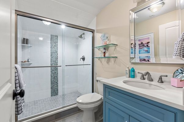 Bathroom, Glass Shower, Interior, Wood Texture Flooring