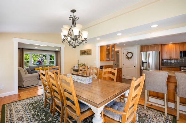 Chandelier, Dining room, Interior, Kitchen, Living room, Recessed Lighting, Stainless Steel Appliances, Wood Texture Flooring