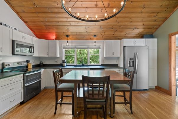 Dining room, Interior, Kitchen, Pendant Lights, Wooden Ceilings, Wood Texture Flooring