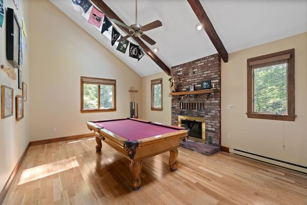 Billiard Table, Fireplace, Game Room, Interior, Recessed Lighting, Stone Walls, Wooden Beams, Wood Texture Flooring