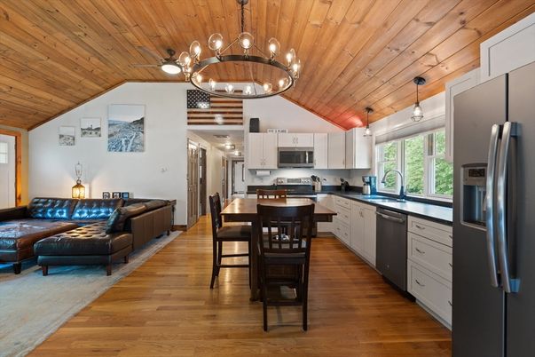 Chandelier, Dining room, Interior, Kitchen, Living room, Pendant Lights, Wooden Ceilings, Wood Texture Flooring