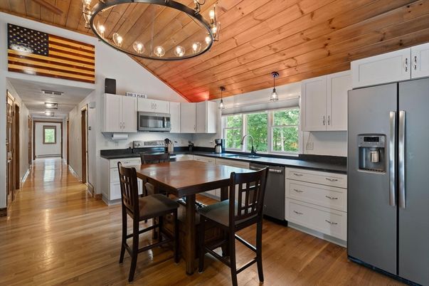 Dining room, Interior, Kitchen, Pendant Lights, Wooden Ceilings, Wood Texture Flooring