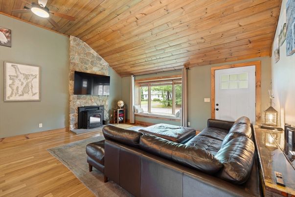 Fireplace, Interior, Living room, Stone Walls, Wooden Ceilings, Wood Texture Flooring