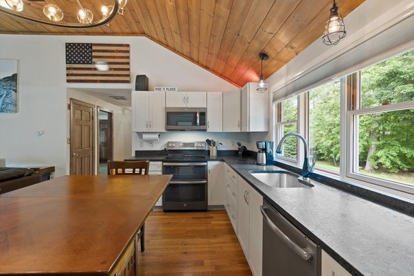 Interior, Kitchen, Pendant Lights, Stainless Steel Appliances, Wooden Ceilings, Wood Texture Flooring