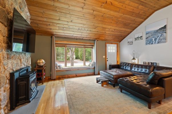 Fireplace, Interior, Living room, Stone Walls, Wooden Ceilings, Wood Texture Flooring