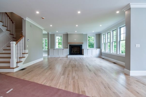 Empty room, Fireplace, Interior, Recessed Lighting, Wood Texture Flooring