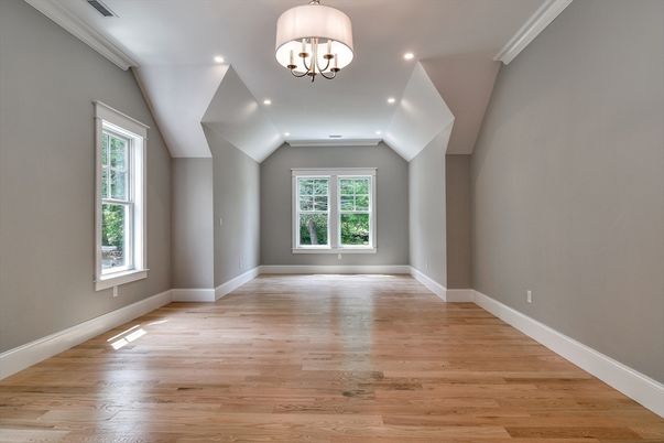 Chandelier, Empty room, Interior, Recessed Lighting, Wood Texture Flooring