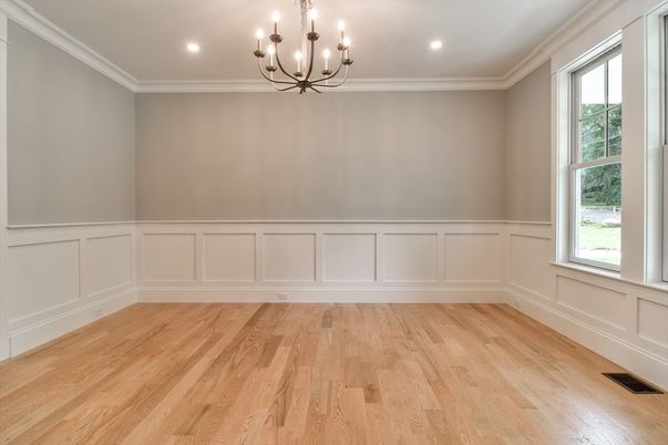 Chandelier, Empty room, Interior, Recessed Lighting, Wood Texture Flooring