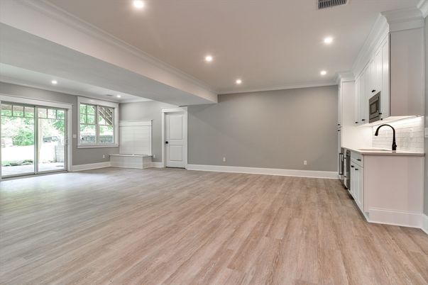 Empty room, Interior, Kitchen, Recessed Lighting, Wood Texture Flooring