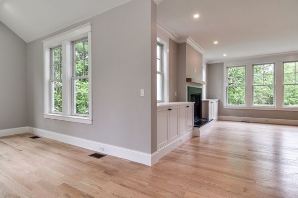 Empty room, Fireplace, Interior, Recessed Lighting, Wood Texture Flooring