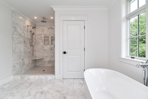 Bathroom, Free Standing Baths, Interior, Marble, Marble Walls, Recessed Lighting