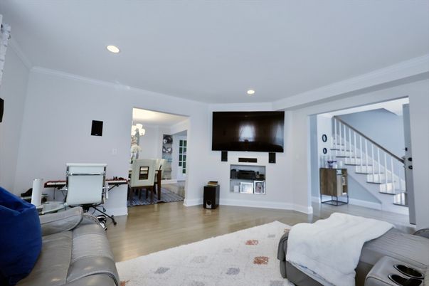 Fireplace, Home Office, Interior, Recessed Lighting, Wood Texture Flooring