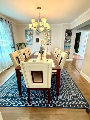 Chandelier, Dining room, Interior, Wood Texture Flooring