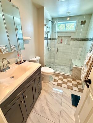 Bathroom, Glass Shower, Interior, Marble, Recessed Lighting